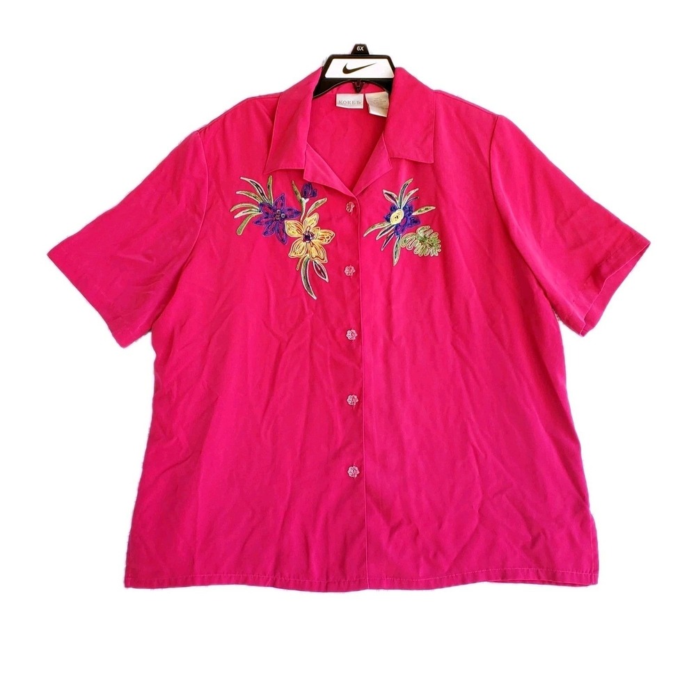 Koret Women's Pink Short Sleeve Button Up Blouse Embroidered Floral Beaded Top L